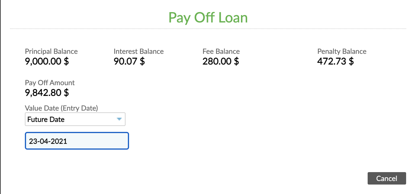 Preview pay off for a future value date where date is selected from the calendar